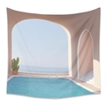 Arazzo bohémien con motivo di piscina e archi su sfondo bianco pulito - 73X95CM / CX202131 Edificio Rosa (Spazzolato)