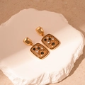 Detailed close-up of retro gold earrings with colorful rhinestones on stone background - Coffee Rhinestone Square Drop Earrings (Silver Pin)