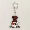 Close-up of chocolate lab acrylic keychain with I love my dog print and silver metal clasp - Chocolate Lab Style (8)