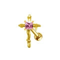 Close-up of golden stainless steel cross earring with a square pink zircon gemstone - Gold Pink Square Stone Cross Style (ER3072101)