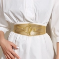 Cintura elastica larga dorata con motivo a serpente e fibbia rotonda in metallo da donna - Cintura Corsetto Toggle (Pelle Sintetica Dorata Elastica) / Oro