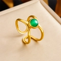 18K gold plated stainless steel ring with a round green gemstone in a curved band - Double Intertwined Green Gem Style (R521) / Adjustable Open
