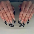 Unghie finte lunghe ballerina con french nere e decorazioni di strass argentati - Stile Lungo a Onde Nero e Bianco Francese (SGCY-632) - Tipo di Colla