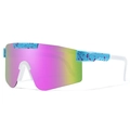 Outdoor sports sunglasses with blue splatter frames and pink purple gradient lenses - Blue Frame Red Splatter Mirrored Lens (C13)