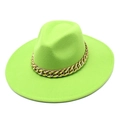 Detail of neon green wool fedora hat featuring a chunky gold metal chain decoration - M(56-58cm) / Fruit Green