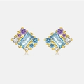 925 silver stud earrings featuring light blue rectangle gems and colorful zircons - 925 Silver / 18k Gold-944