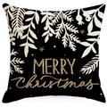 Funda de cojín navideña de lino con letras doradas y motivos de hojas blancas - Hoja de Navidad Negro Oro / 45*45cm (Sin Relleno)