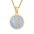 Collier en acier doré 18 carats avec pendentif rond lettre 'J' sur fond en nacre bleue - Lettre J (Chaîne Incluse)