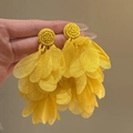 Detailed view of yellow bohemian layered fabric petal earrings with beaded accents - Yellow Fabric Flower Bohemian Style (23#)
