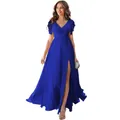 Elegant royal blue chiffon bridesmaid dress with V-neck, flutter sleeves and side slit - S (US 2) / Royal Blue