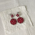 Silver-finish earrings featuring double circular clusters of ruby-red zircon crystals - Silver Base Red Rhinestone