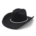 Klassieke zwarte western cowboyhoed van suède met een elegante witte parel decoratie - Zwart / M (56-57 cm)