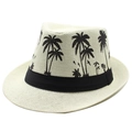 Strohhut im Fedora-Stil mit Kokospalmen-Muster und schwarzem Band für den Strandurlaub - M (56-58cm) / Beige