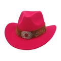 Detail of rose pink felt cowboy hat with embroidered leather band and red gemstone buckle - One Size / Rose Red