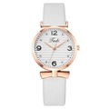 Elegant white leather watch for women with rose gold bow case and rhinestone dial details - White