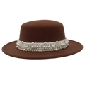 Macro detail of dark brown wool felt boater hat with decorative pearl ribbon trim - M / Dark Coffee (Large Pearl)