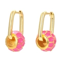 Elegant gold U-shaped hoop earrings with pink textured spherical drops on white background - Rose Red