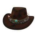 Détail du chapeau de cowboy en laine marron avec ruban ethnique turquoise et étoiles - Taille Unique(56-58cm) / Café