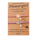 Detailed view of woven bracelets with flower charms and pearls on Flower Girl gift cards - Flower Bracelet / Pink + Purple