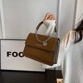 Chic brown synthetic leather small square bag with silver chain and top handle - Brown