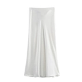 Detailed view of white satin midi skirt showing elegant drape and silky fabric texture - XS / White