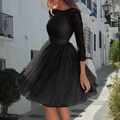Elegant black long sleeve mini dress with sparkling sequin texture and round neck - Black