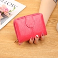 Women's rose red lychee grain short zipper wallet with decorative gold U-shaped buckle - Rose Red