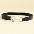 Close-up of black elastic PU leather belt with geometric silver metal buckle detail - Small / Black/Silver Clasp
