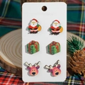 Three-pair Christmas earring set with Santa, reindeer, and gift box on jewelry card - Santa Claus Gift Box Reindeer Style (SD62541)
