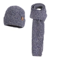 Winter navy blue knitted hat and scarf set with thick fleece lining and leather logo - 2-Piece Set (Hat+Scarf) / Mixed Navy Blue