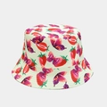 Detailed pattern of red strawberries and purple butterflies on reversible sun bucket hat - M (56-58cm) / Yellow