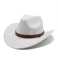 Close-up of white felt cowboy hat with embossed brown leather band and metal buckle - M (56-58cm) / White