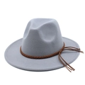 Classic grey wool fedora hat with brown braided band and leather tassels for women - M (56-58cm) / Light Gray