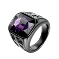 Titanium steel ring featuring a purple square gemstone and engraved cross side details - Black/Purple Zirconia