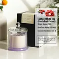 Lychee White Tea soybean candle with purple base and glass bell jar in a black gift box - Lychee White Tea / Purple