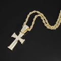 Close-up of gold plated cross pendant necklace with rhinestones on black background - Gold Pendant + 16 Inch Rope Chain