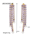 Orecchini a tre strati con strass viola e pendenti di perle bianche in finitura oro 18k - Viola