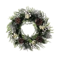 Weihnachtskranz mit Zapfen und weißen Beeren mit künstlichem Schnee auf weißem Hintergrund - Schneeflocke Stil