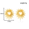 Golden sunburst heart earrings in stainless steel with textured rays and dimensions - Sun Ray Heart Stud (ER-1679) / Gold