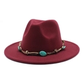 Detail of burgundy fedora hat featuring turquoise stones and gold metal chain band - M (56-58cm) / Burgundy