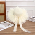 Elegant beige straw sun hat featuring large organza bow and delicate lace ties - Yellow Flower Bow - Creamy White