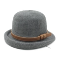 Grey knit fedora hat with a brown leather belt detail for women on a white background - M(56-58cm) / Gray