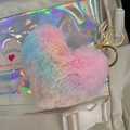 Rainbow gradient plush heart keychain with gold ring on a white fashion backpack - Dreamy Colors / Silver Circular Single-ring Buckle