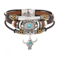 Detail of multilayer brown leather bracelet with turquoise sunflower and bull head pendant - 06-Bull Head Turquoise