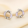 Elegant silver stainless steel earrings with lavender enamel inlay in square cross design - Irregular Hollow Style (KE114516-K)