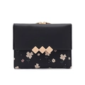Short black floral PU leather wallet for women with golden metal leaf clasp detail - Black