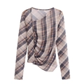 Brown plaid sheer mesh long sleeve top with side ruching and irregular hem detail - S / Brown Plaid Mesh Top