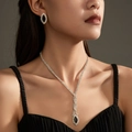 Elegant silver butterfly necklace and earrings set with black stones and crystals - Silver Y-Shaped Black Gem Necklace Set (DTN14027018BK)