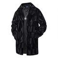 Men's long black faux fur coat with notch lapel and textured block pattern design - 2XL / Black Checkered