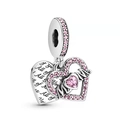 Detail of silver heart charm with pink gemstone, Mom engraving and back verse - Double Heart Mom Engraving (PCT423)